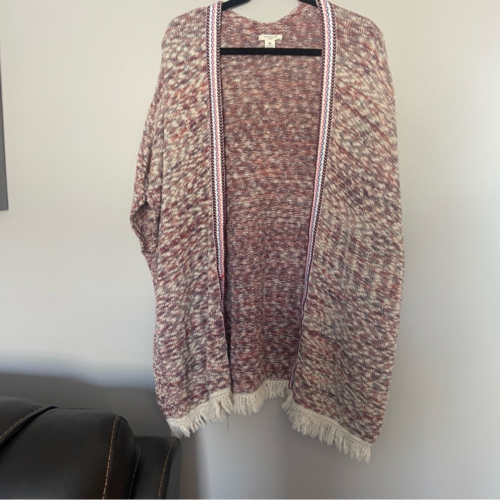 Westbound Sz 2X Muted Multicolor‎ Knit Shawl Cardigan Poncho Fringed Tribal Trim